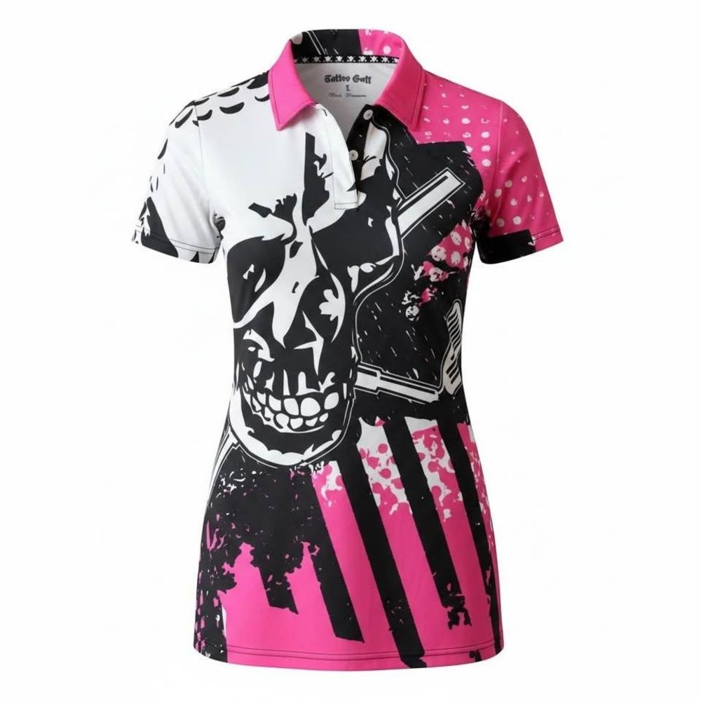 Tattoo Golf Womens Blade Collection Skull Polo Shirt Pink Black White Size L (96